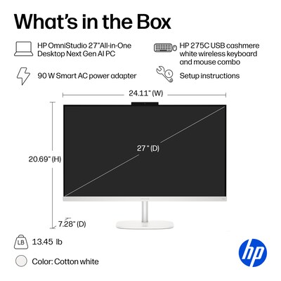 HP OmniStudio 27" All-in-One AI PC, AMD Ryzen AI 7 445, AMD Radeon 840M Graphics, 16GB RAM, 512GB SSD, Windows 11 Home