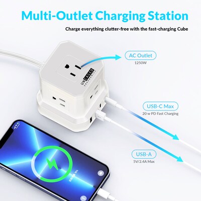 Uncaged Ergonomics Cube 5-Outlet 4-USB Port Surge Protector, 10', White (PC-w-c)