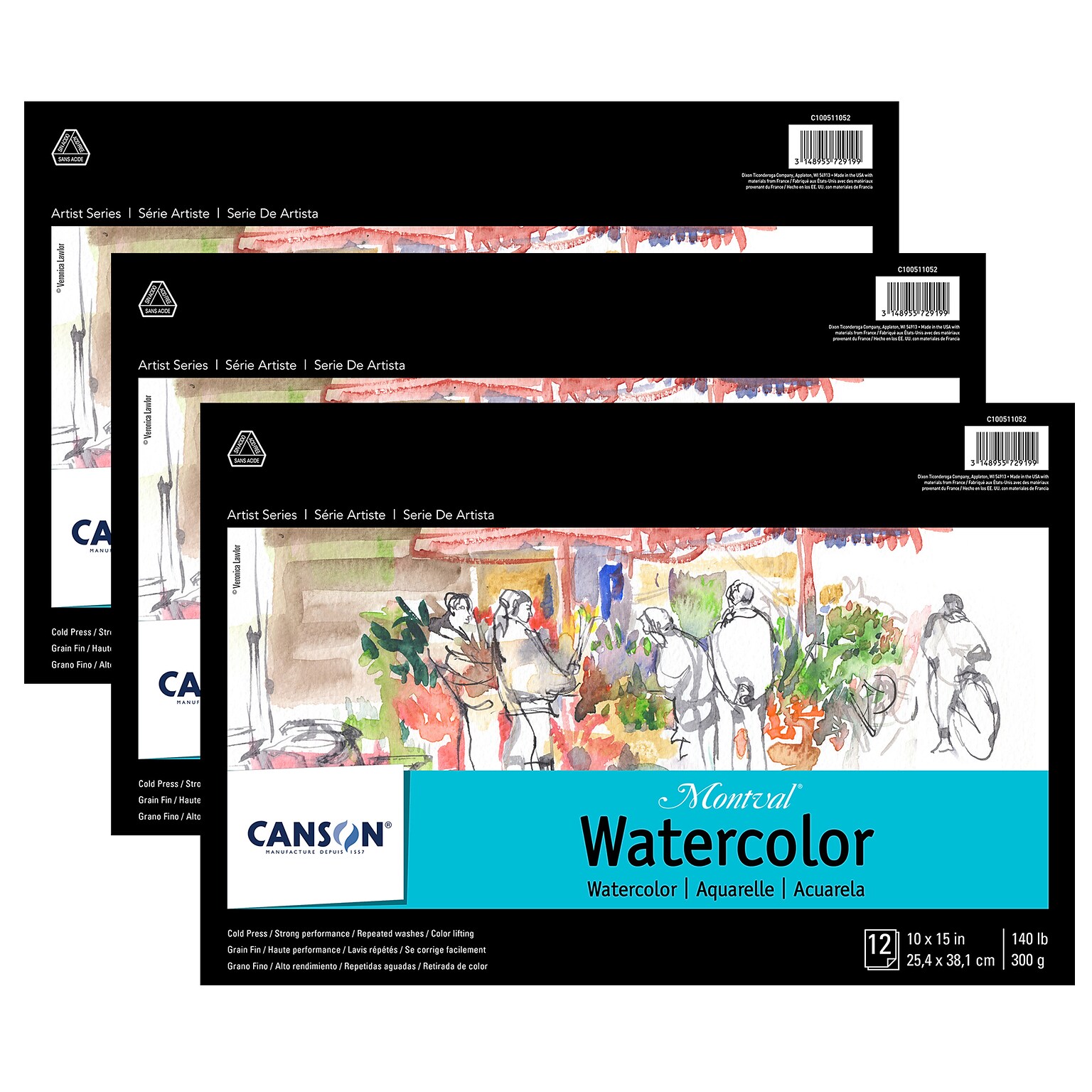 Canson Artist Series Montval 15 x 10 Watercolor Sketch Pad, 12 Sheets/Pad, 3/Bundle (MCXC100511052-3)