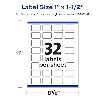 Avery Rectangle Laser/Inkjet Multipurpose Labels, 1" x 1.5", White, 1600 Labels/Box (94219)