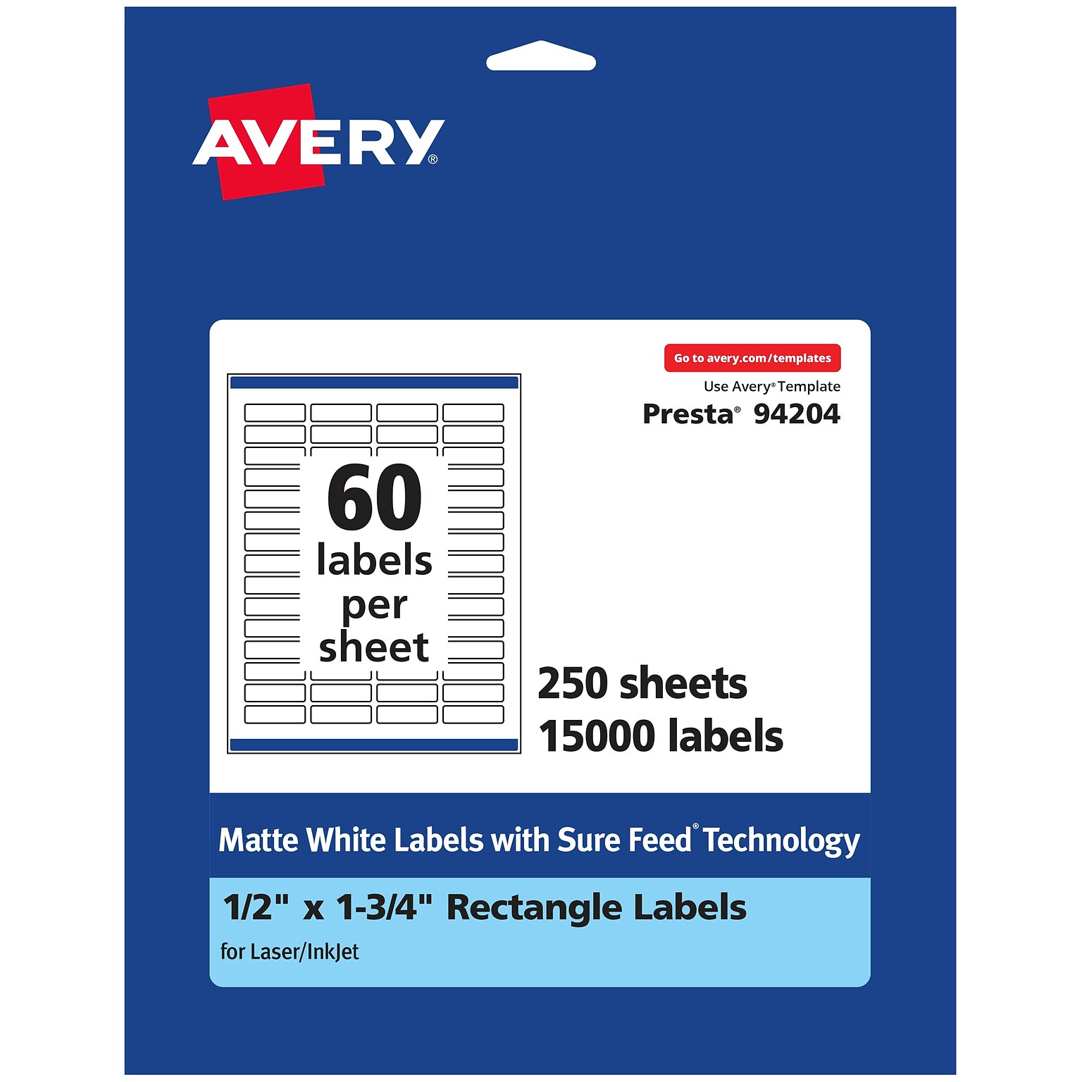 Avery Laser/Inkjet Multipurpose Rectangle Labels, 0.5 x 1.75, White, 15000 Labels/Box (94204)