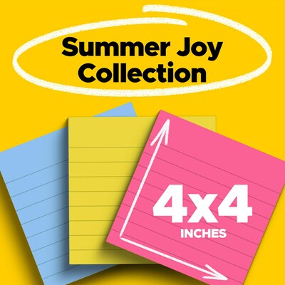 Post-it Super Sticky Notes, 4 x 4, Summer Joy Collection, Lined, 90 Sheets/Pad, 6 Pads/Pack (675-6