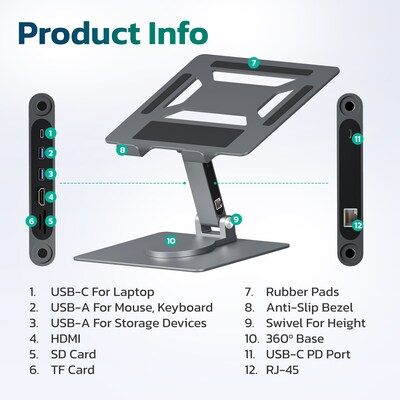 Purely S502 Ergonomic Adjustable Monitor Riser & Laptop Docking Station with Wireless Charging, Black (PMS502DS)