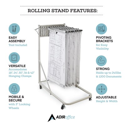 AdirOffice Steel Vertical File Blueprint Rolling Storage Stand, Grey (613-KIT1)