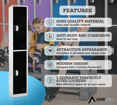 AdirOffice 72"H 2-Tier Black Storage Locker (ADI629-202-BLK-DL)