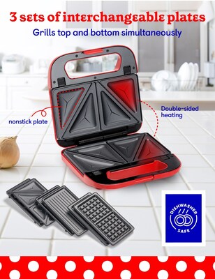 Betty Crocker 3-in-1 Sandwich, Panini Grill and Waffle Maker Plus, Red (BC-4965R)