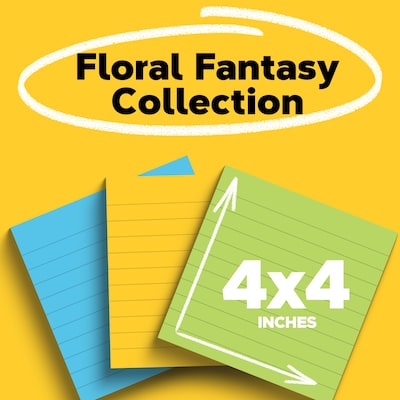 Post-it Notes, 4" x 4", Floral Fantasy Collection, Lined, 200 Sheet/Pad, 3 Pads/Pack (6753AUL)