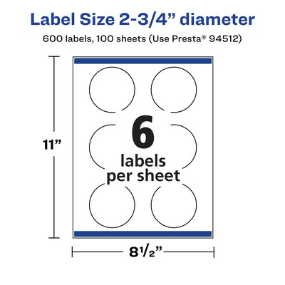 Avery Laser/Inkjet Multipurpose Circle Labels, 2.75" Dia, Glossy Clear, 600/Box (94512)