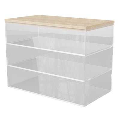 Martha Stewart Brody Plastic Storage Organizer Bin with Light Natural Paulownia Wood Lid, Clear, 3/S