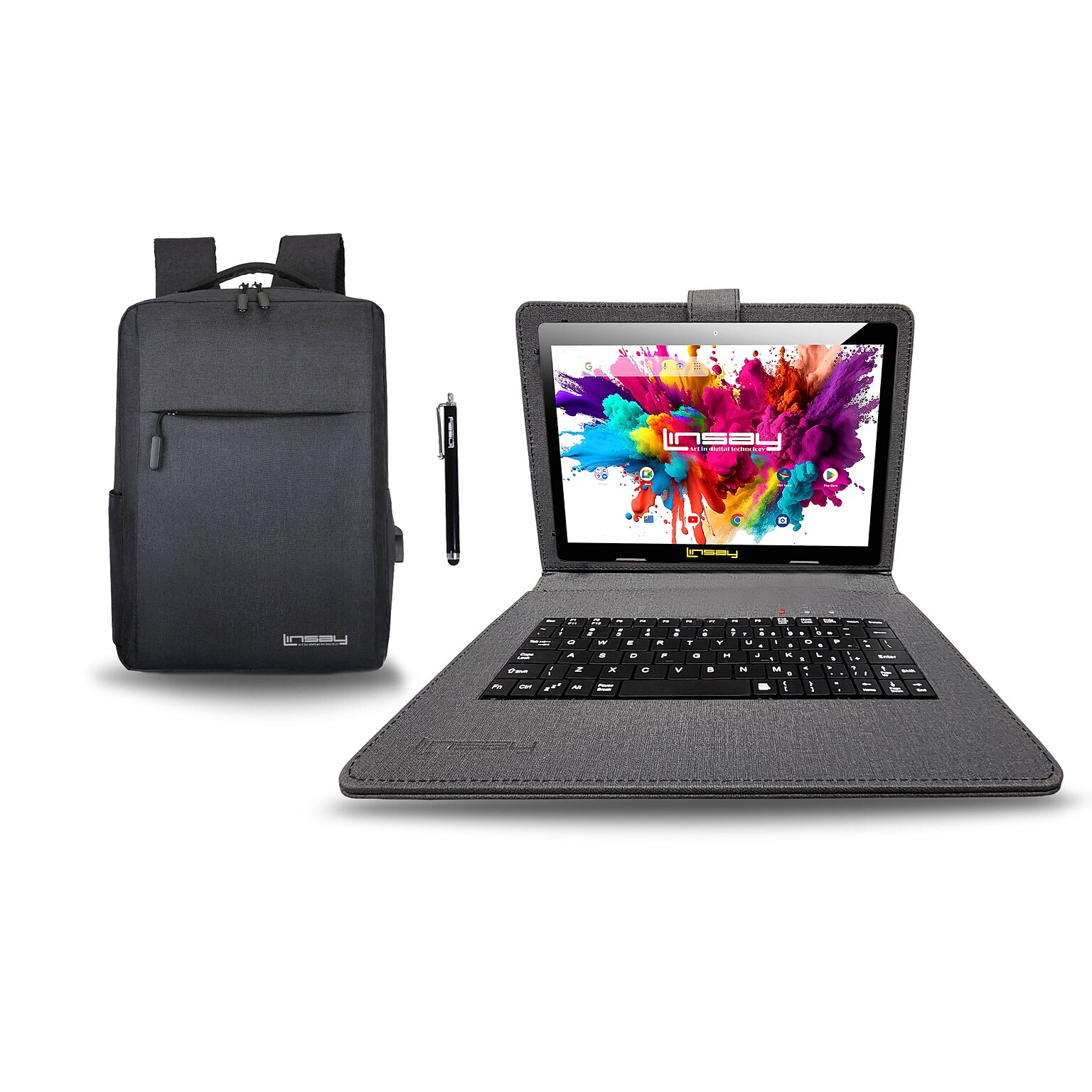 Linsay Octa Core 10.1 Tablet, 4GB RAM, 128GB Storage, Android 13, Bundled with Black Keyboard Case, Backpack and Stylus Pen