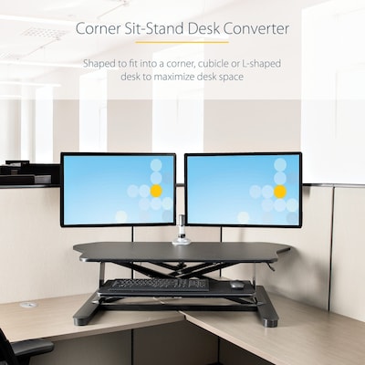 StarTech Adjustable Large Surface Corner Sit Stand Desk Converter for Dual Monitors, Keyboard Tray, 35 x 21 (ARMSTSCORNR)