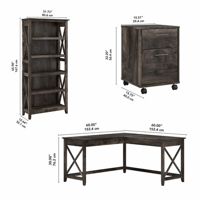 Bush Furniture Key West 60"W L Shaped Desk with 2 Drawer Mobile File Cabinet and 5 Shelf Bookcase, Dark Gray Hickory (KWS016GH)