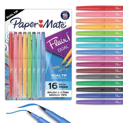 Paper Mate Flair! DUAL Calligraphy Pens, Brush/Medium Tips, Assorted Colors, 16/Pack (2181607)