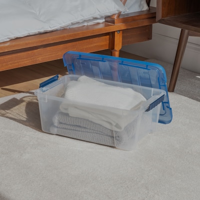 Iris Stack & Pull 12 Qt. Snap Lid Storage Boxes, Clear/Navy, 6/Carton (100306-CT)