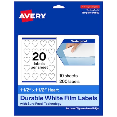 Avery Waterproof Heart Shaped Laser/Inkjet Multipurpose Labels, 1.5 x 1.5, White, 200/Pack (94602)