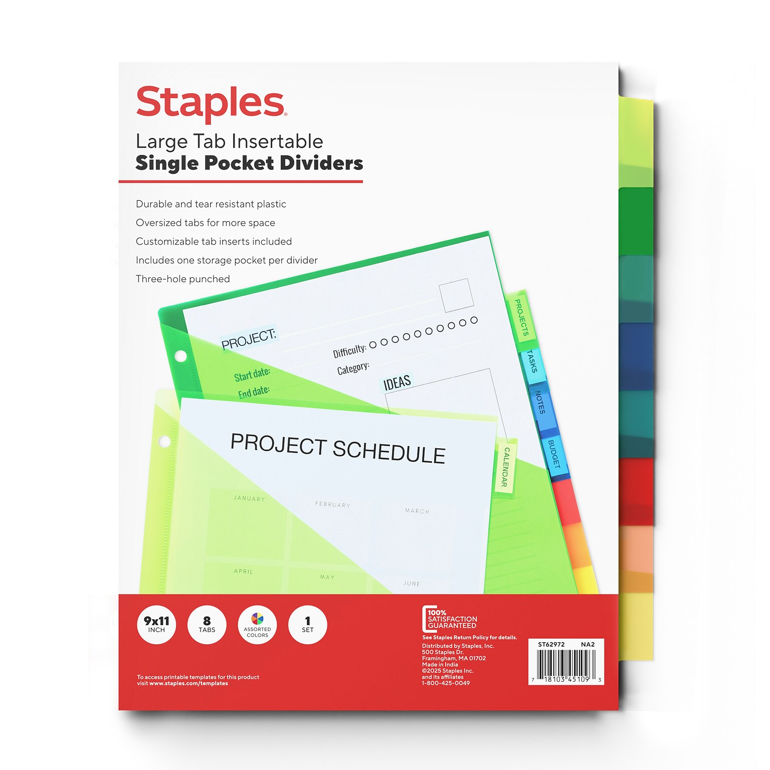 Staples Large Tab Plastic Insertable Pocket Dividers, 8-Tabs, Multicolor (ST62972)