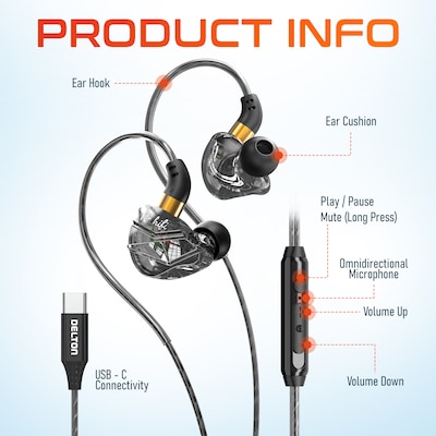 Delton 31EC Ergonomic In-Ear USB-C Computer Earbuds, Black (DWH31ECBK)