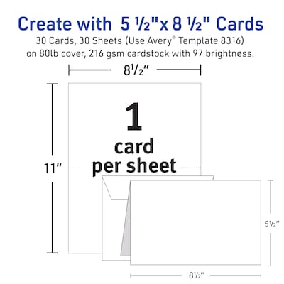 Avery Half-Fold Greeting Cards with Envelopes, 5.5" x 8.5", Matte White, Inkjet, 30/Pack (08316)