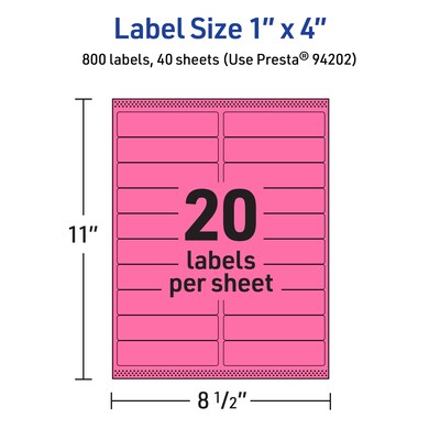 Avery Laser/Inkjet Rectangle Multipurpose Labels, 1" x 4", Bright Pink, 800/Pack (94202)