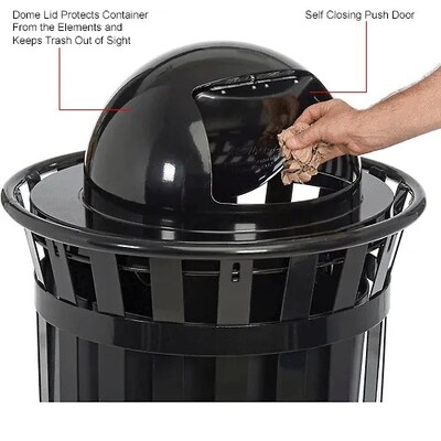 Global Industrial Outdoor Slatted Steel Trash Can w/ Dome Lid, 36 Gallon, Black (261944BK)