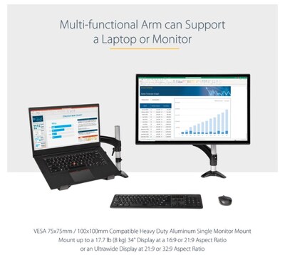 StarTech Adjustable Desk Mount Laptop Arm for 34" Monitor, Black/Silver (ARMUNONB1)