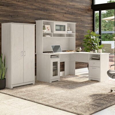 Bush Furniture Cabot 60 L-Shaped Desk with Hutch and Tall Storage Cabinet, Linen White Oak (CAB017L