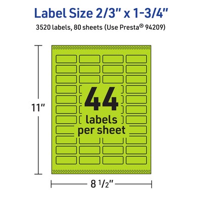 Avery Rectangle Multipurpose Labels, 2/3" x 1-3/4", Bright Green, 3520/Box (94209)