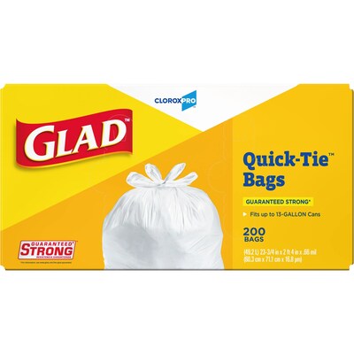 Glad Quick Tie Tall 13 Gallon Flap Tie Kitchen Trash Bag, White, 200 Total Bags (15931)