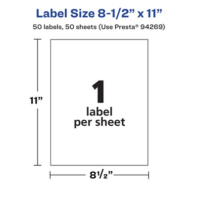 Avery Laser/Inkjet Rectangle Multipurpose Labels, 8.5" x 11", White, 50 Labels/Box (94269)