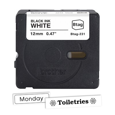 Brother P-touch Btag Label Tape, 1/2" x 13.1' (12mm x 4m), Black on White (BTAG231)