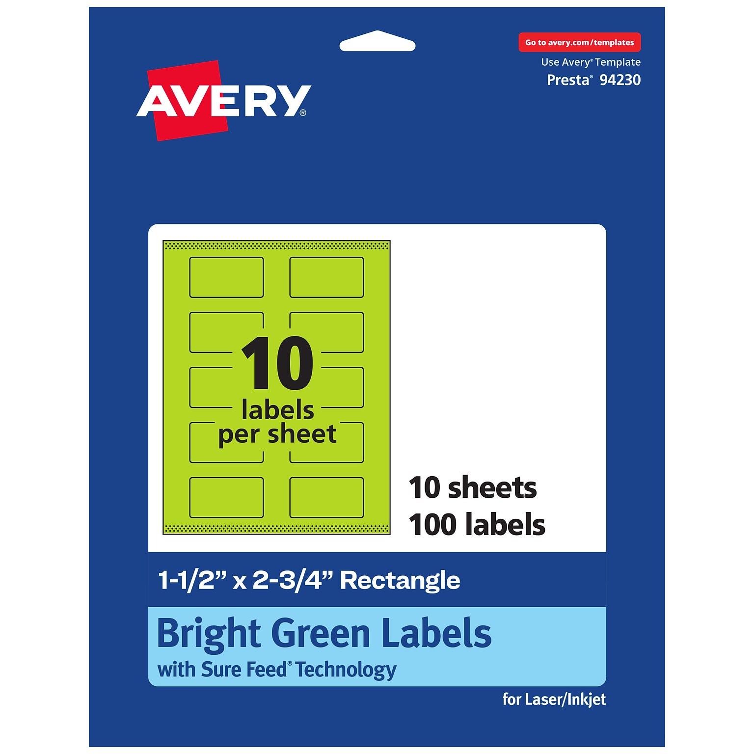 Avery Laser/Inkjet Multipurpose Rectangle Labels, 1.5 x 2.75, Bright Green, 100/Pack (94230)