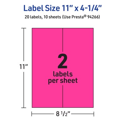 Avery Rectangle Laser/Inkjet Multipurpose Labels, 11" x 4.25", Neon Magenta (20/Pack)