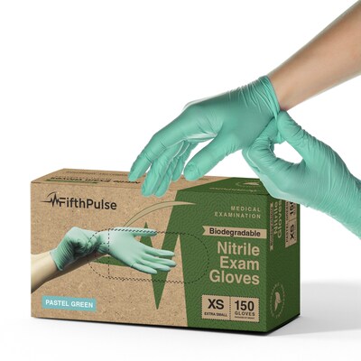 FifthPulse Biodegradable Powder Free Nitrile Exam Gloves, Latex Free, XS, Green, 150 Gloves/Box (FMN