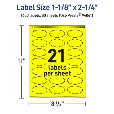 Avery Oval Scalloped Laser/Inkjet Multipurpose Labels, 1-1/8" x 2-1/4", Neon Yellow (1680/Box)