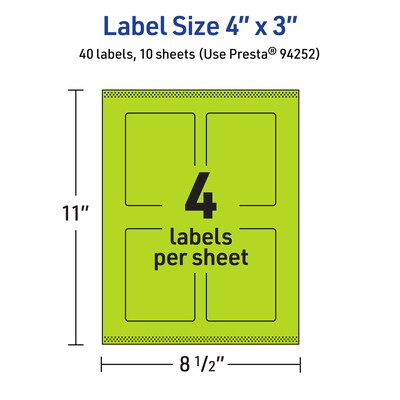 Avery Laser/Inkjet Multipurpose Rectangle Labels, 4" x 3", Bright Green, 40/Pack (94252)