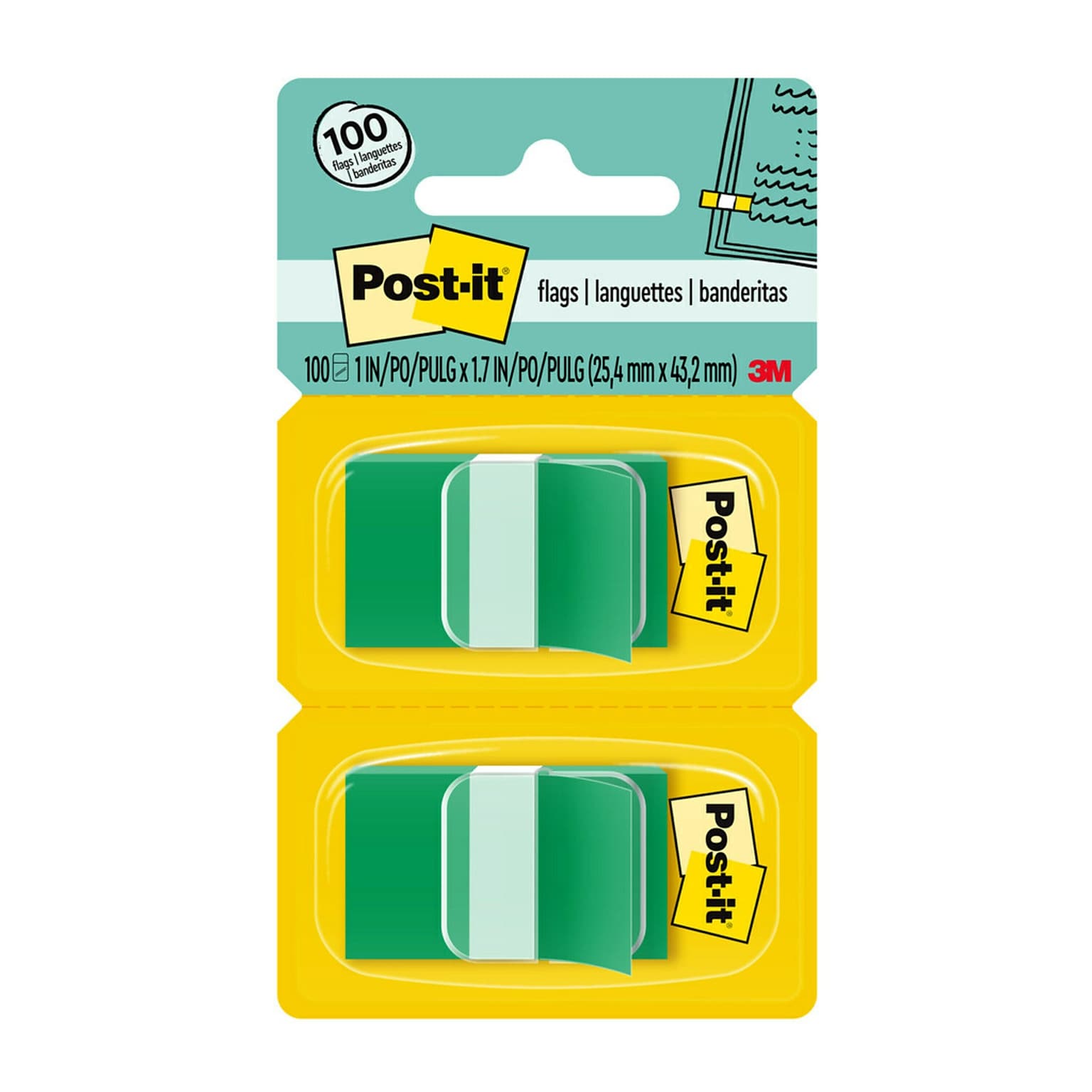 Post-it Flags, 1 Wide, Green, 100 Flags/Pack (680-GN2)