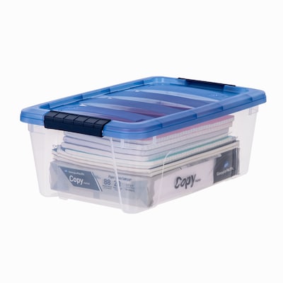 Iris Stack & Pull 12 Qt. Snap Lid Storage Boxes, Clear/Navy, 6/Carton (100306-CT)