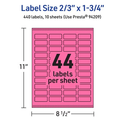 Avery Rectangle Laser/Inkjet Multipurpose Labels, 2/3" x 1-3/4", Bright Pink (440/Pack)