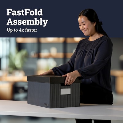 Bankers Box Stor/File Medium Duty 60% Recycled FastFold Corrugated File Box with Lid, Letter/Legal Size, Black/Gray, 4/Carton
