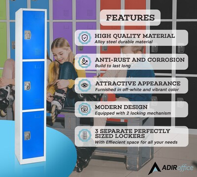 AdirOffice 72'' 3-Tier Blue Storage Locker, 2/Pack (629-203-BLU-2PK)