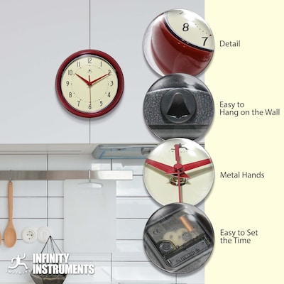 Infinity Instruments Round Retro Wall Clock, Aluminum, 9.5" (10940-RED)