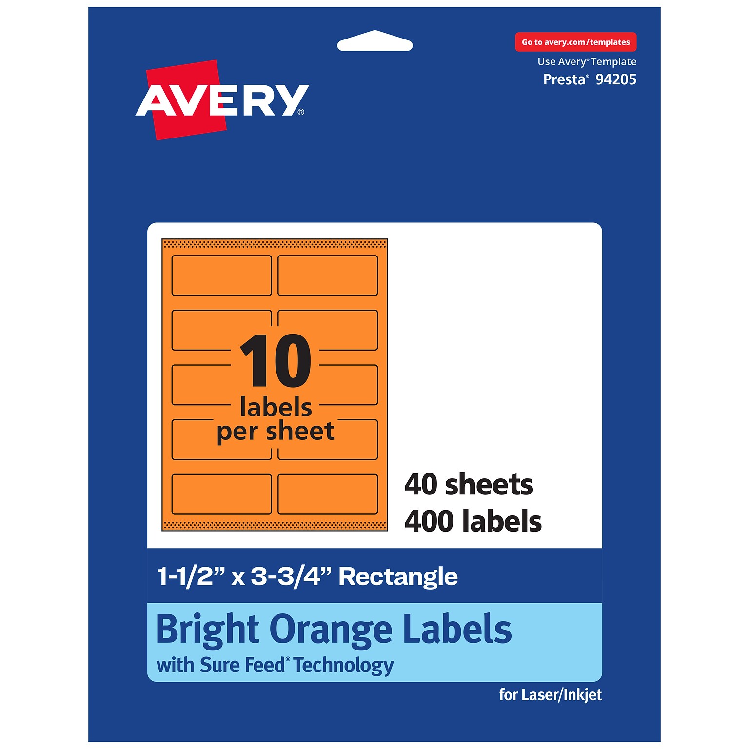 Avery Laser/Inkjet Multipurpose Rectangle Labels, 1.5 x 3.75, Bright Orange, 400/Pack (94205)