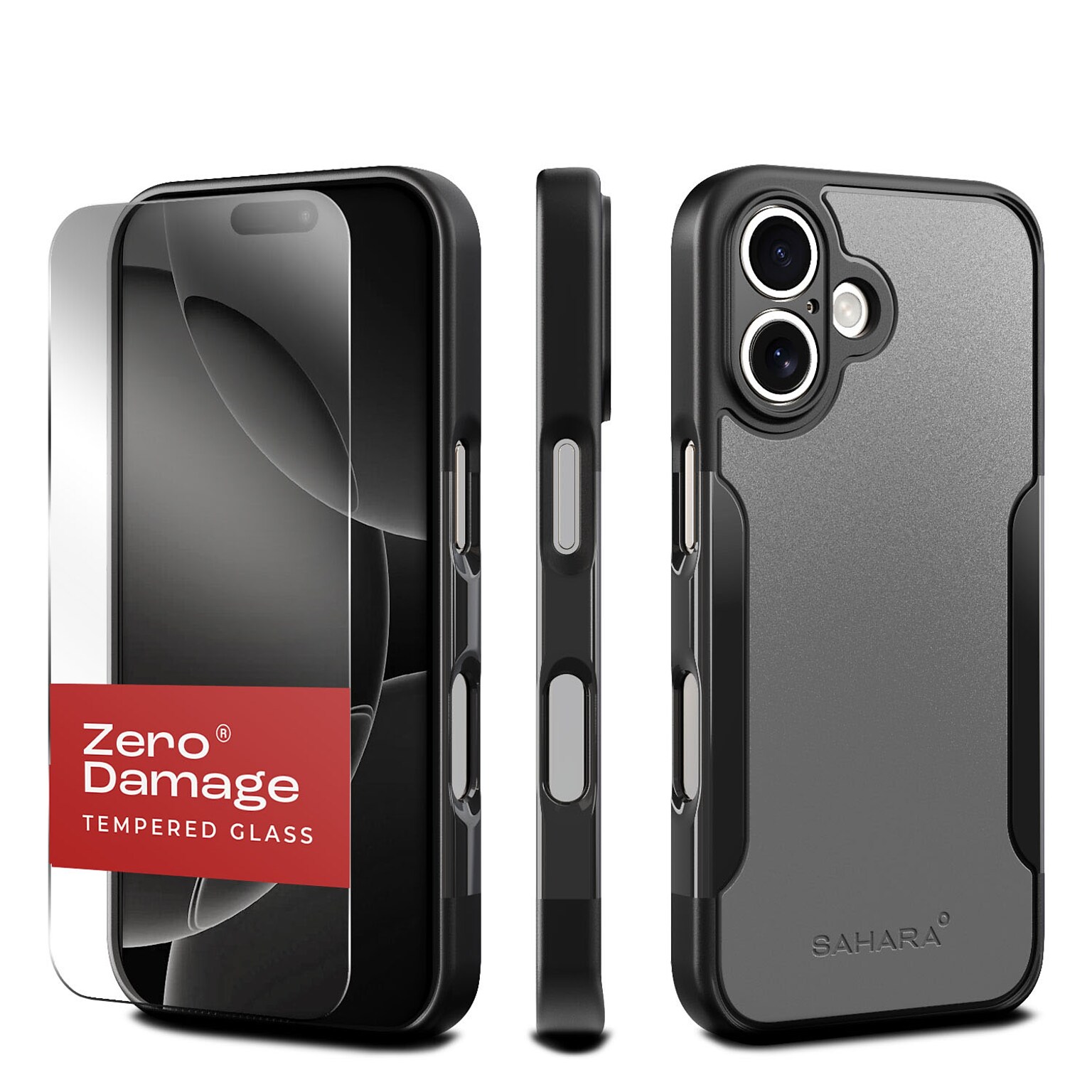 SaharaCase Classic MagSafe Phone Case with Tempered Glass Screen Protector for iPhone 16, Black/Gray (CP00642)