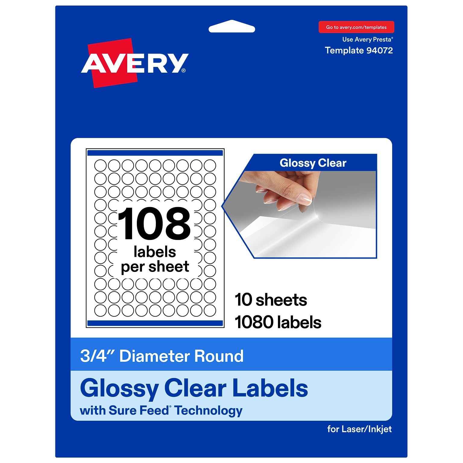 Avery Round Laser/Inkjet Multipurpose Labels, Clear, 108 Labels/Sheet, 10 Sheets/Pack (19479311183)