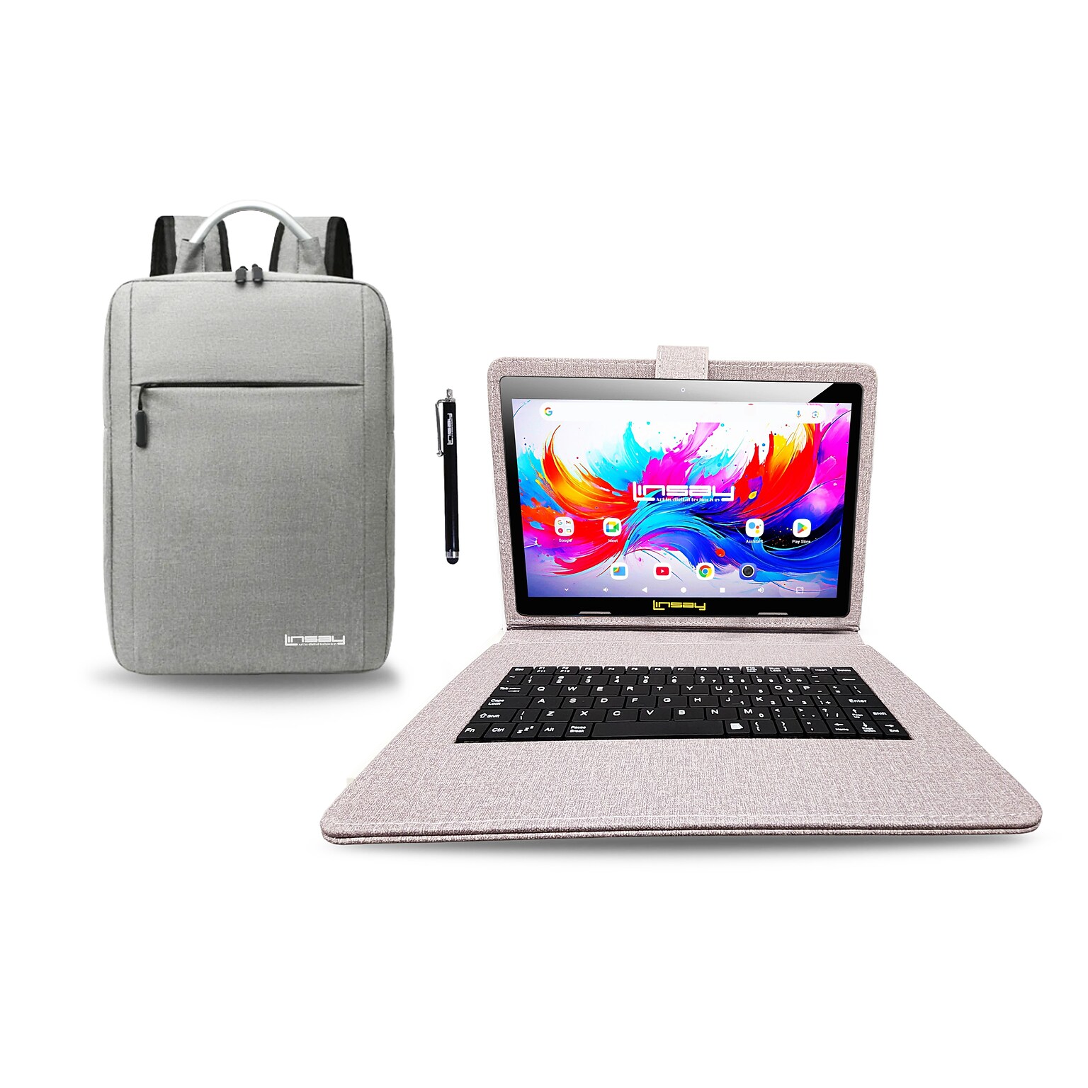 Linsay F10 Series 10.1 Tablet, Wi-Fi, Octa Core, 256GB eMMC, Android 15, with Gray Cloth Keyboard Case, Backpack, & Stylus Pen