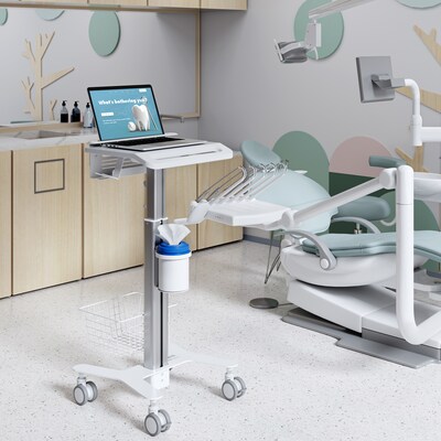 Mount-It! MedHub Height Adjustable Mobile Laptop Cart with Anti-Theft Bar, Storage, and Locking Wheels, White/Grey (MI-16030)