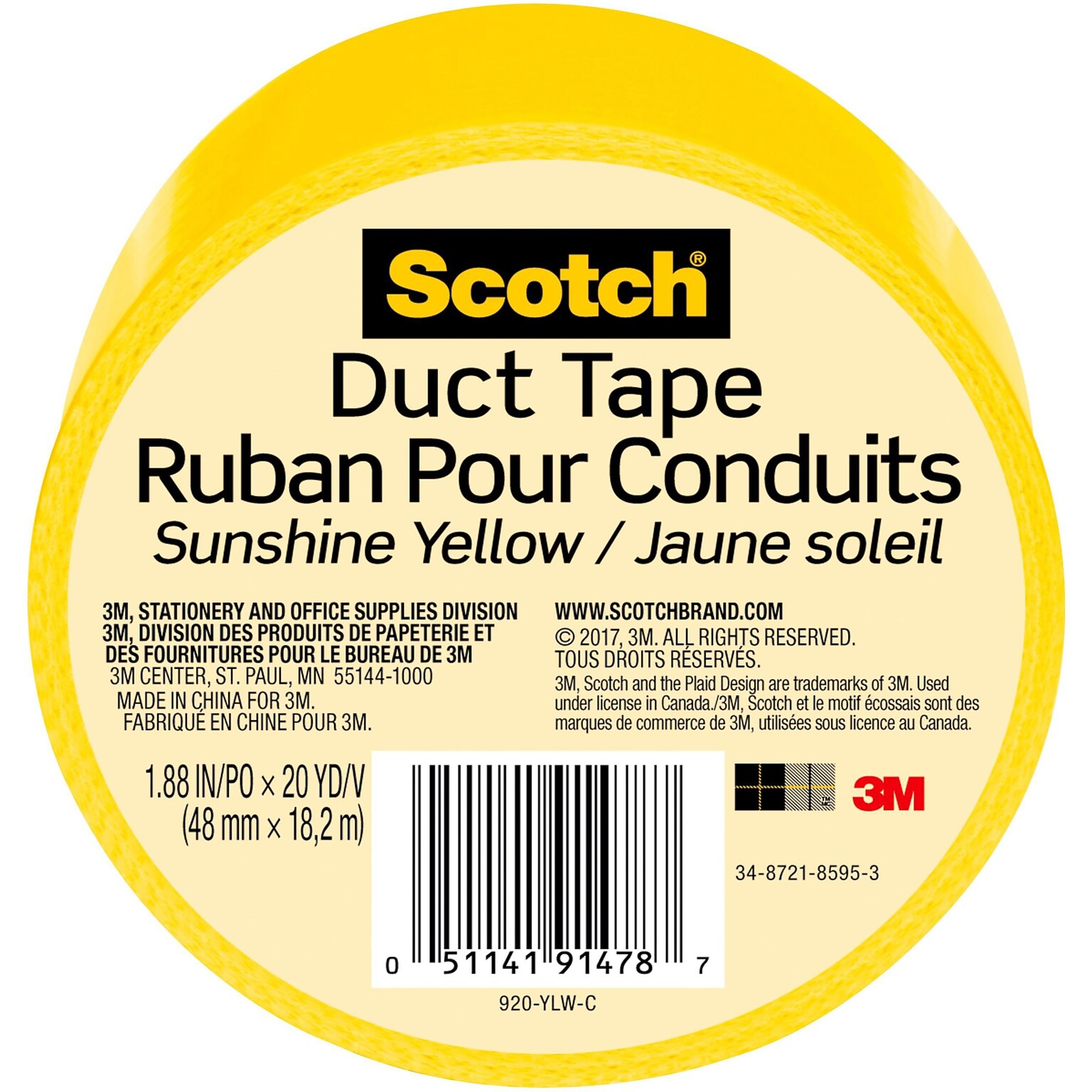Scotch Duct Tape, 1.88 x 20 yds., Yellow (920-YLW-C)