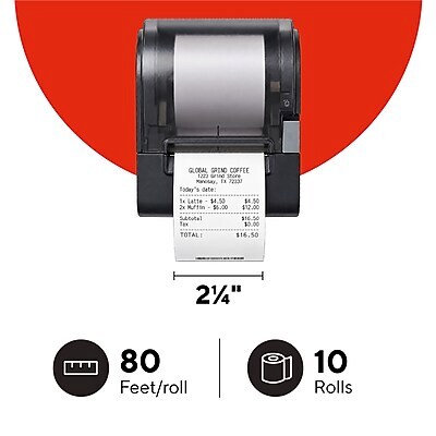 Staples Thermal Paper Rolls, 2 1/4 x 80, BPA Free, 10/Pack (452175)