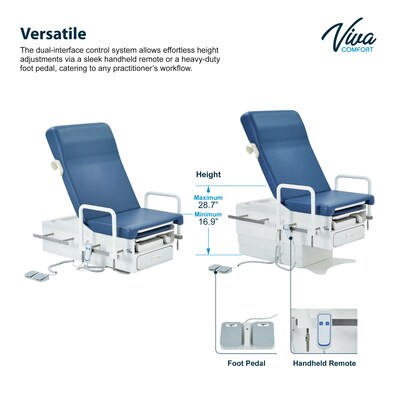 Viva Comfort Pointe Power Electric Pelvic Tilt Exam Table w/Stirrups, Knee Crutches, Hand Rails, 396lbs. Capacity, Blue