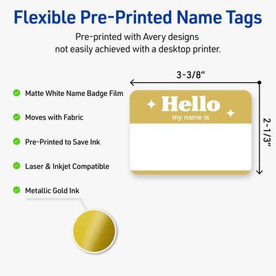 Avery Adhesive Name Tags, Pre-printed Gold Hello My Name Is Design